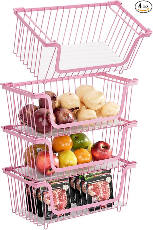 GAOKASE 4 Pcs Stackable Wire Baskets for Pantry Organizers and Storage,Vegetable Fruit Basket for Countertop,Kitchen Storage Metal Baskets,Produce Potato Onion Storage Bin,pink