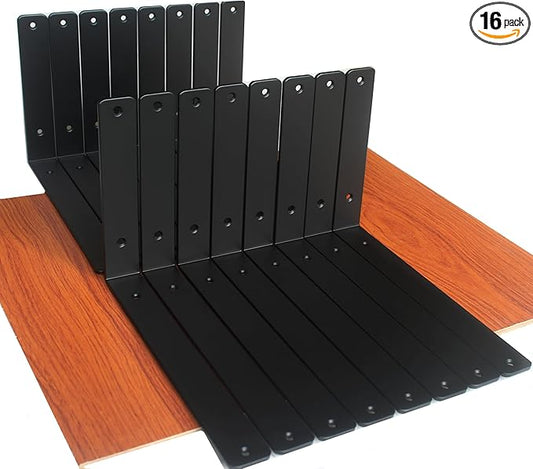 16 Pack - L 12" x H 8" x W1.5, 5mm Thick Black L Shelf Bracket, Iron Shelf Brackets, Metal Shelf Brackets, Floating Shelf, Shelf Supports with Screws