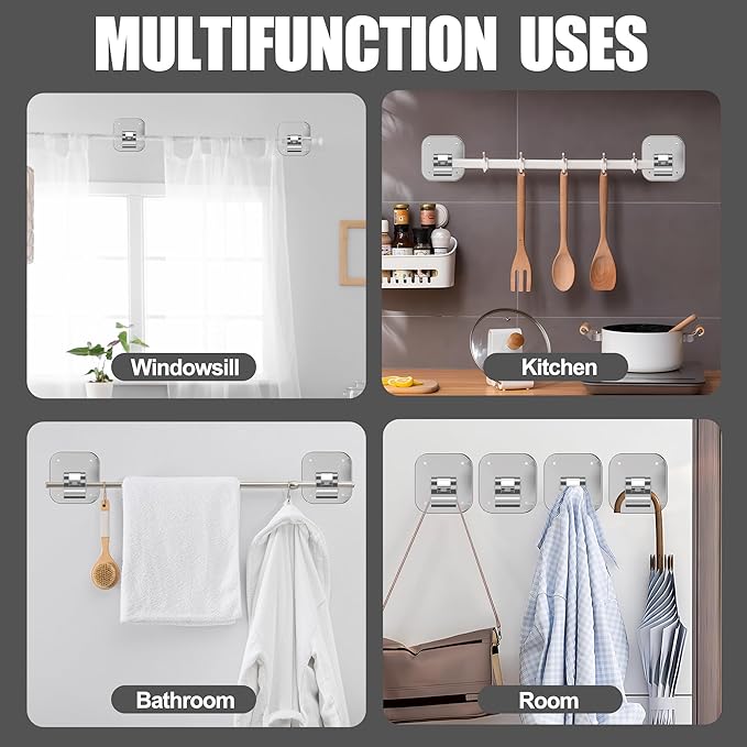 6PCS No Drill Adhesive Curtain Rod Brackets 40LB, Curtain Rods No Drilling Renter Friendly Hooks No Damage Curtain Holders, Apartment Farmhouse Classroom Decor Hanging Drapes