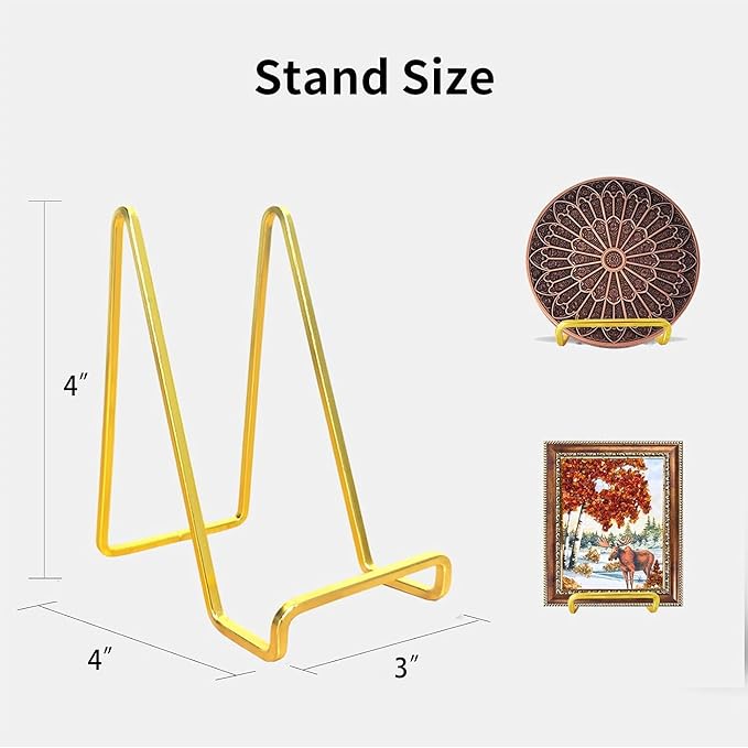 3 Pack 4 inch Metal Plate Stands for Display, Plate Holder Pictures Frame Easel Display Stand, Tabletop Picture Stand, Iron Easels for Display Photo Frames, Plates, Vinyl Record，Book, Sign（Gold）