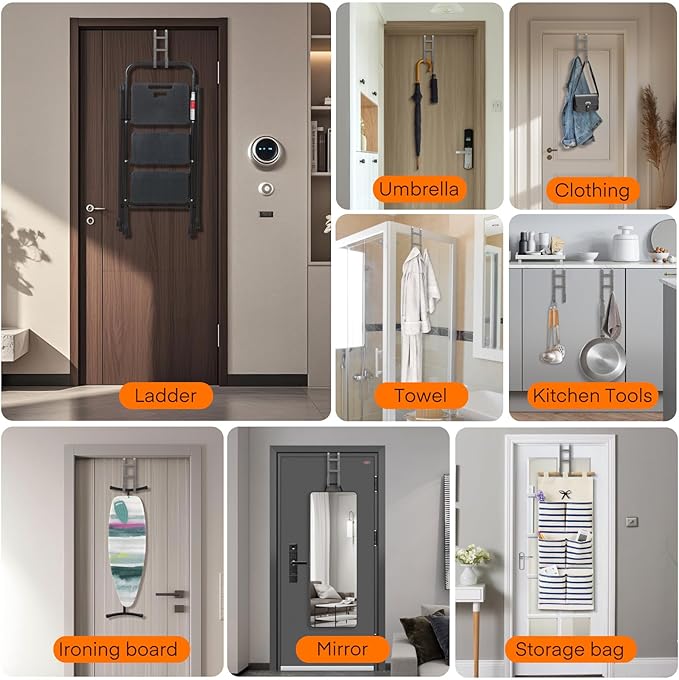 FYY Over The Door Hooks - 4 Pack Heavy Duty Double-Hanger Organizer for Bathroom Bedroom Dorm, Hanging Clothes Towels Hats Bags Ironing Board Wreath Robe - Fits Interior Doors Up to 1.6” Grey
