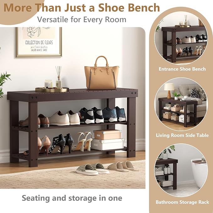 Sweetcrispy Shoe Rack Bench, 3-Tier Bamboo Entryway Storage Organizer, 286lb Capacity, Shoes Stand for FrontDoor Entrance, Bedroom, Living Room, Bathroom, Balcony, 35 Inches Length, Brown