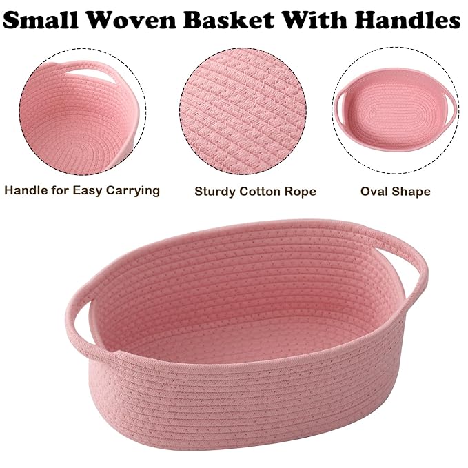 Small Woven Rope Basket-Empty Gifts Basket with Bag and Ribbons,Cute Handle Organizer Box for Birthday/Baby Shower, Toy Storage, Nursery Organizing & Shelf Decor(Pink)