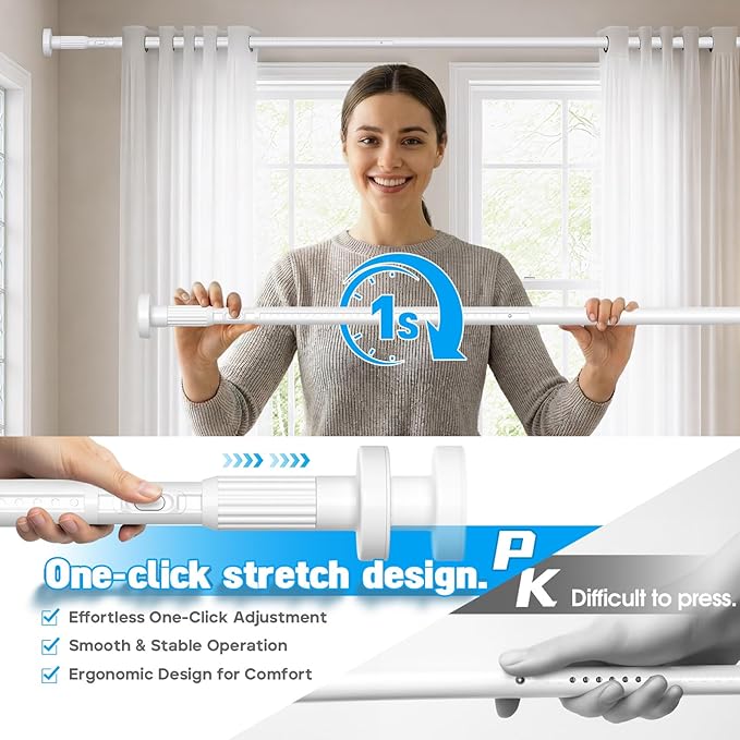 White Tension Curtain Rods 41-67 In Extra Long Outdoor Patio Curtain Rods No Drilling Adjustable Heavy Duty Tension Rods for Windows Bathroom Living Room Curtains, Rod Diameter 1.26In