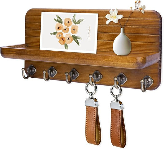 Key Holder for Wall, Mail Organizer Wall Mount with 6 Hooks Wooden Hanging Key Rack for Home Decor, Hallway, Entryway (Yellow)