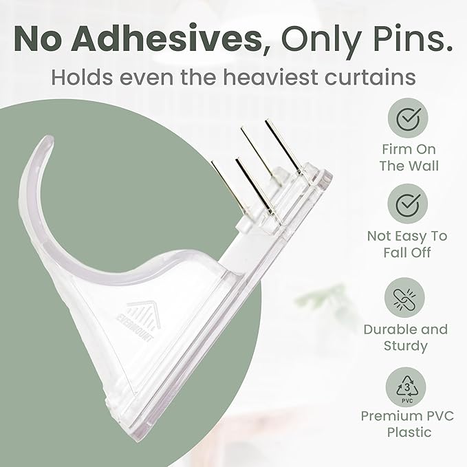 No Adhesive Heavy Duty Curtain Rod Holders with Wide Hook, 5X Stronger Than Adhesive Curtain Rod Hooks,Tension Curtain Rod Bracket for Wall with Pin Guide, Curtain Wall Mount (12 Pack, For 1.25" Rods)