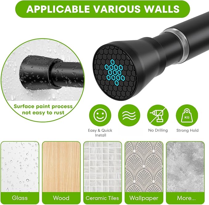 Tension Curtain Rod 2Pack Black Tension Rod Adjustable Curtain Rod No Drilling Tension Rods for Windows 28 to 48 Inch Curtain Rods Expandable Pressure Tension rods for Closet