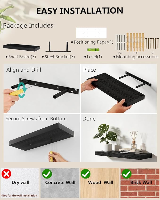 WALI Floating Shelves for Wall, 3 Tier Bathroom Storage Shelf Over Toilet, for Bedroom Bookshelf, Living Room Decor, Kitchen, Nursery, Laundry, Soundbar Floating Shelf Mount Under TV (CS103L), Black
