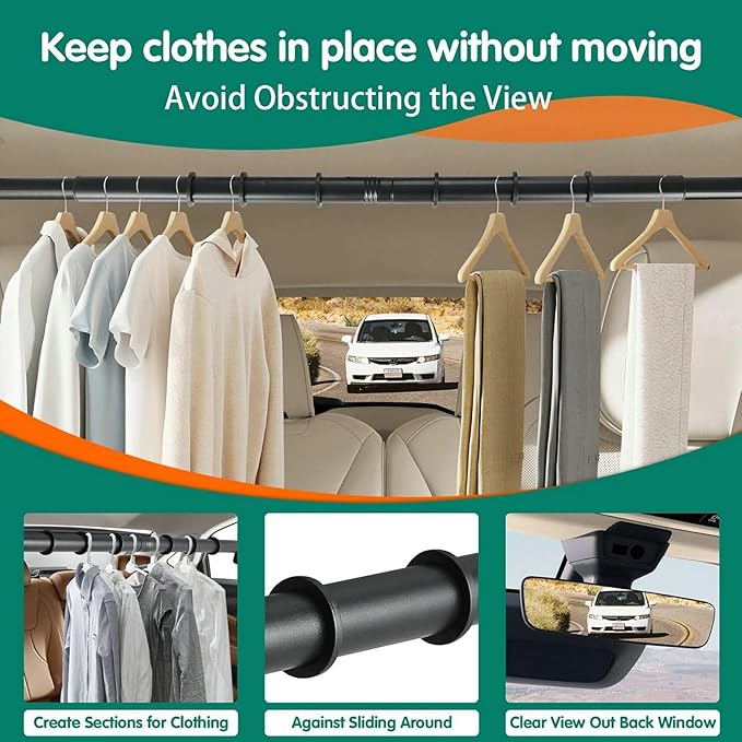 Car Clothes Hanger Bar – Adjustable Telescopic Car Clothes Rack, 30–62 Inches, for Wrinkle-Free Clothes Hanging in Vehicles, Heavy-Duty Non-Slip Car Hanging Rod for Sedans, SUVs, Trucks, Travel