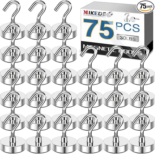MIKEDE 30LB Magnetic Hooks Strong Neodymium Magnets Hooks for Hanging, Earth Magnetic Hooks Heavy Duty for Refrigerator, Extra Cruise Hooks for Kitchen, Classroom, Workplace,Grill 75PCS