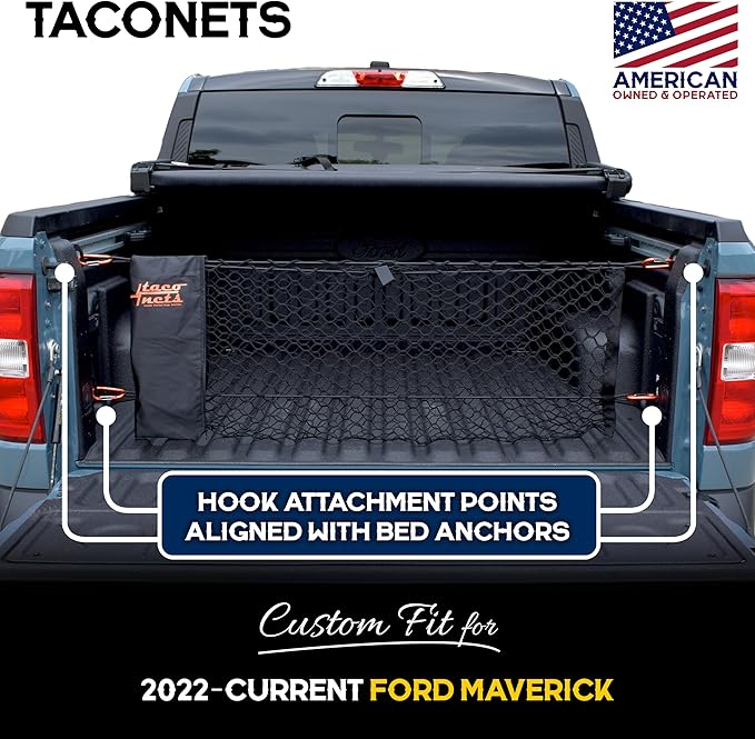 TacoNets Envelope Cargo Net for Ford Maverick - Fits 2022-Current - Upgraded 5mm Bungee - Integrated Storage Bag - Heavy Duty Carabiners - Designed in USA