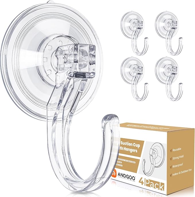 ANDGOO 4 Pack Large Suction Cup Hooks for Door Wreaths, Wreath Hangers for Front Door, Glass, Window, Shower, Upgraded 1.9" Diameter Wreath Holder, No Tools, No Damage, Holds Up to 22 lbs