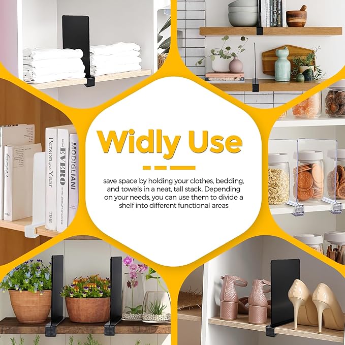 JOY DECOR 12 Pack Acrylic Matte Black Shelf Dividers for Closets Organizer and Storage Adjustable Vertical Wood Shelf Closet Separators for Clothes,Book,Bags in Bedroom and Kitchen