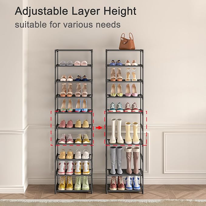 10 Tier Tall Shoe Rack, Non-Woven Fabrics Compact Narrow Shoe Stand Shelf, Vertical Small Space Saving Storage Organizer for Closet Floor, Front Door Entrance, Entryway, Black