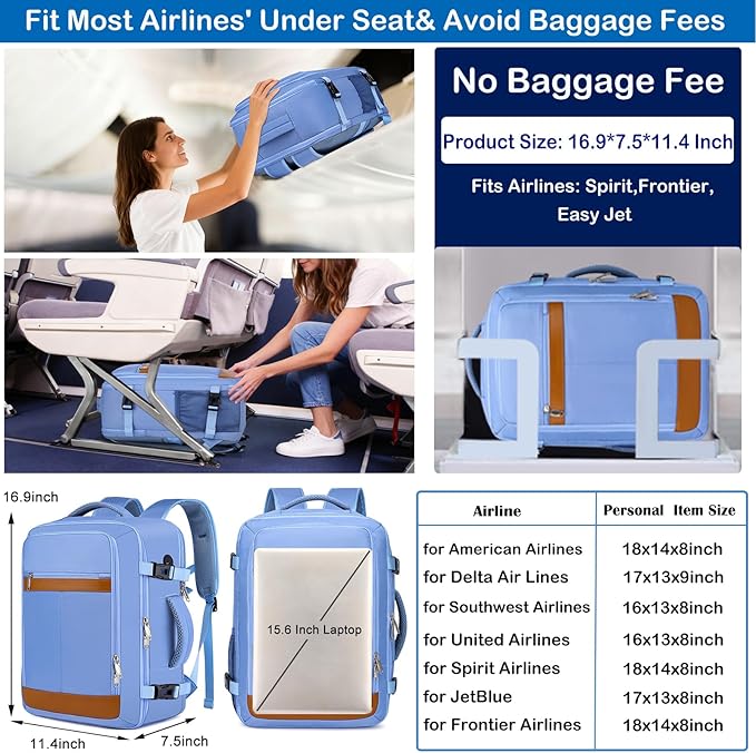Travel Laptop Backpack for Men Women Airline Approved Carry On Backpack with Shoe Pouch,TSA 15.6inch Laptop Mochila Flight Approved Personal Item Bag for Weekender Bookbag Travel Essentials,Blue