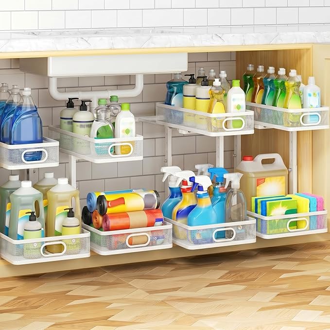 Under Sink Organizer 4-Pack, Metal 2-Tier Pull-Out Cabinet Shelf with Slide-Out Mesh Drawers, Height Adjustable, Space-Saving Under Sink Storage Racks for Kitchen, Bathroom, Laundry Room, White