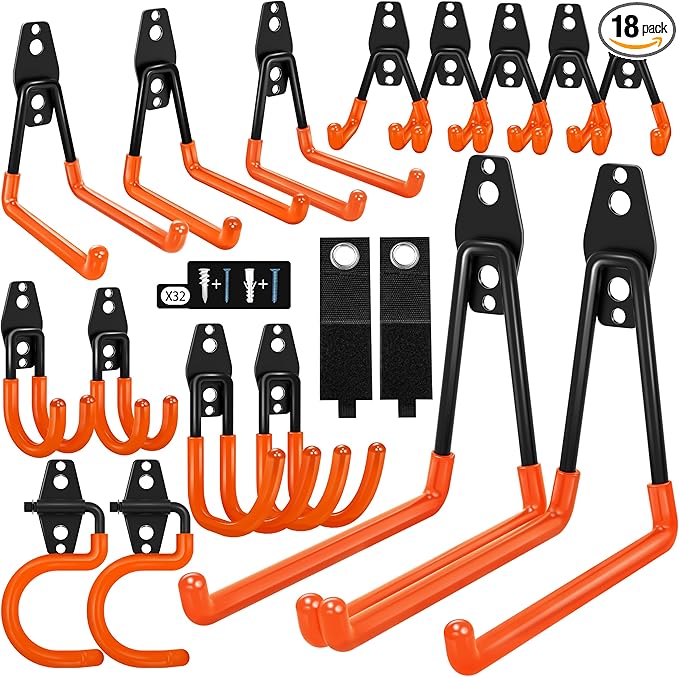 18 Pack Garage Hooks Heavy Duty - Anti-Slip Coating， Garage Storage Hooks for Hanging Bike，Ladder，Garden Tools，Hose
