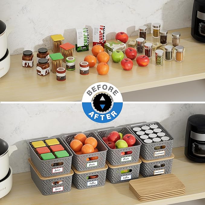 Anysig 8 Packs Plastic Storage Bins with Bamboo Lids - Stackable Storage Bins Decorative Small Basket Containers for Organizing Shelves Office Classroom Desktop Closet, Grey