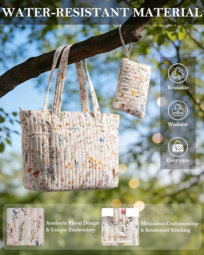 Bagstellar Puffer Tote Bag for Women, Quilted Cotton Laptop Work Tote Shoulder Bag for College School, Teacher, Nurse, Travel | Top Full-zip Closure