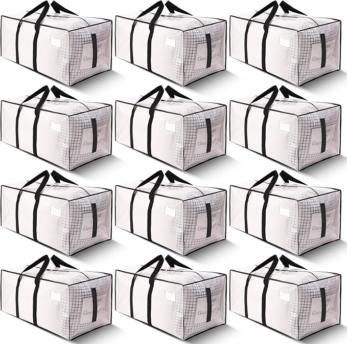 HOMESURE Supports 200lbs Heavy Duty Moving Bags - Strong Zipper & Wrap-Around Handles - Water-Resistant Storage Totes, Durable Alternative to Moving Boxes - 12 Pack - Semi-Transparent