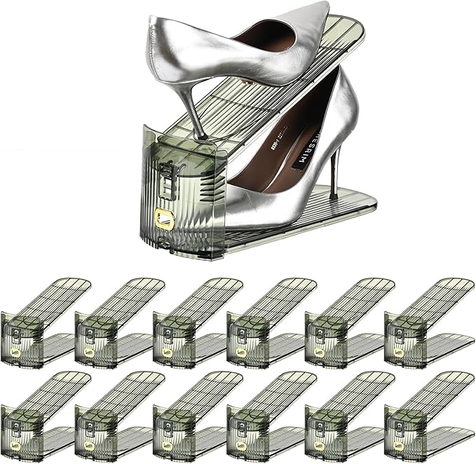 Shoe Slots Organizer,Adjustable Shoe Rack with Three Levels,Shoe stackers for a Pair of Shoes (Green Clear, 12Pack)