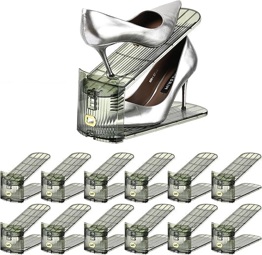 Shoe Slots Organizer,Adjustable Shoe Rack with Three Levels,Shoe stackers for a Pair of Shoes (Green Clear, 12Pack)