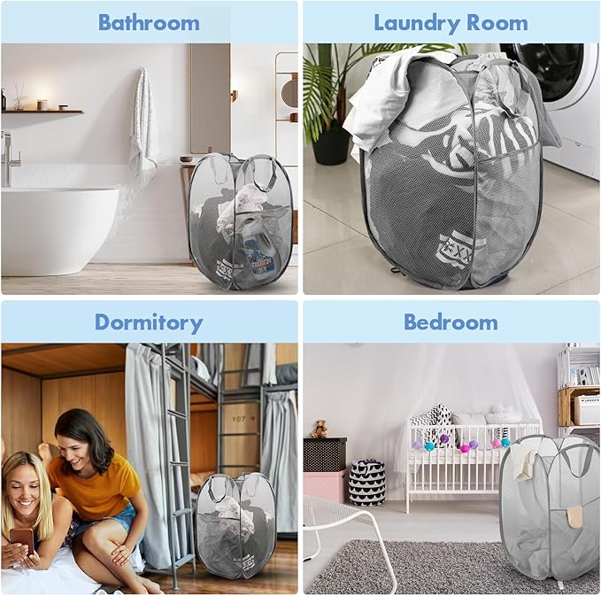 DUCOO Pop Up Laundry Hamper, 70L Collapsible Mesh Laundry Basket with Side Pocket, Foldable Dirty Clothes Hamper with Sturdy Reinforced Handles for Home Dorm Bedroom Travel Bathroom Storage, Gray