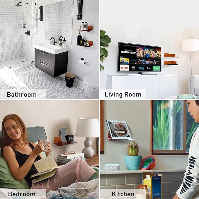 OAprire Acrylic Floating Shelves Set of 2 - Expand Wall Space - 9 Inch Small Adhesive Shelf for Bedroom, Bathroom, Kitchen, Living Room, Office with Cable Clips (Brown)