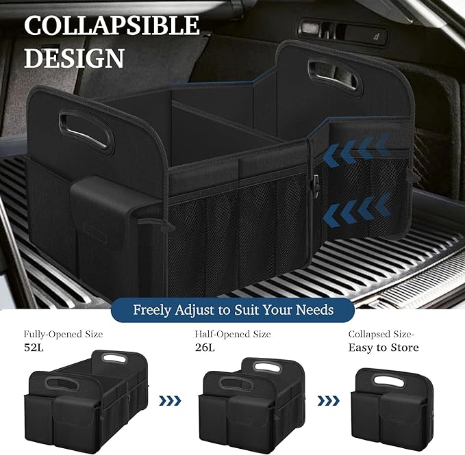 Femuar Car Trunk Organizer with Large Capacity Waterproof Car Accessories for Women & Men, Collapsible Trunk Organizer for Suv/Jeep/Sedan (Black, Standard)