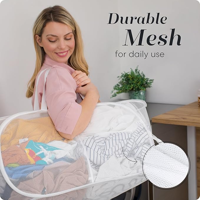 Handy Laundry Collapsible Laundry Basket, 2-Compartment Mesh Hamper – Foldable, Space-Saving, Lightweight & Durable with Handles for Dorm, Travel, Laundry Room, Apartment – White