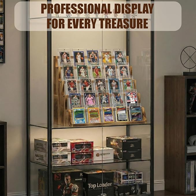 5 Tier Wooden Card Display Stand – Vertical Card Holder Display for Trading Cards, Game Cards, Sports Cards, Graded PSA/BGS/SGC, Baseball, Basketball&Football(Soccer) Card Stand, Desk & Shelf Organize,Charred Wood