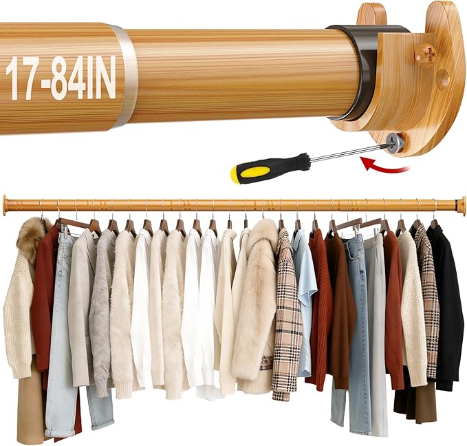 17 to 84 Inch Closet Rods for Hanging Clothes with Screwdriver, Stepless Adjustable Closet Rod Heavy Duty, 1.3 Inch Clothes Hanging Rod Metal Closets Pole Bar for Wardrobes Laundry Bathroom RV Natural