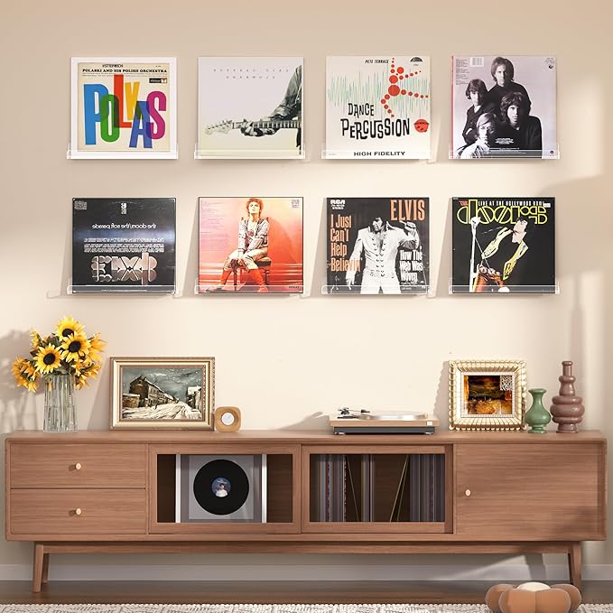 upsimples 8 Pack Vinyl Record Wall Mount Shelves, 12" Vinyl Holder for Album Record Storage & Display, Clear Acrylic Floating Shelves for Wall Decor, Kids Bookshelf, Magazine Rack, Picture Ledge | Vinyl Holder, Album Record Storage, Display, Wall Decor...