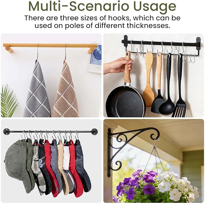 ESFUN 18 Pack Heavy Duty S Hooks for Hanging, Variety Sizes 6 PCS Large 4"/ 6 PCS Medium 3"/ 6 PCS Small 2.4" Pot Rack Hooks, Metal S Shaped Hanger Hooks for Hanging Jeans Pans Cups Plant Basket