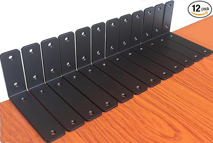 12 Pack - L 6" x H 4" x W1.5, 5mm Thick Black L Shelf Bracket, Iron Shelf Brackets, Metal Shelf Brackets, Floating Shelf, Shelf Supports with Screws