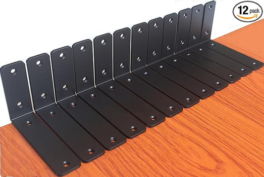 12 Pack - L 6" x H 4" x W1.5, 5mm Thick Black L Shelf Bracket, Iron Shelf Brackets, Metal Shelf Brackets, Floating Shelf, Shelf Supports with Screws