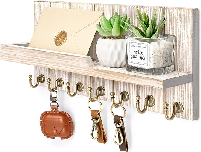 Rebee Vision Farmhouse Key Holder Wall Mount with Mail Organizer - Rustic Key and Mail Holder for Wall with Shelf and 7 Key Hooks - Wooden Apartment Essentials for Room Decor (Natural Wood,15-inch)