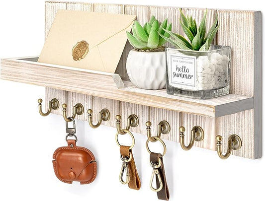 Rebee Vision Farmhouse Key Holder Wall Mount with Mail Organizer - Rustic Key and Mail Holder for Wall with Shelf and 7 Key Hooks - Wooden Apartment Essentials for Room Decor (Natural Wood,15-inch)