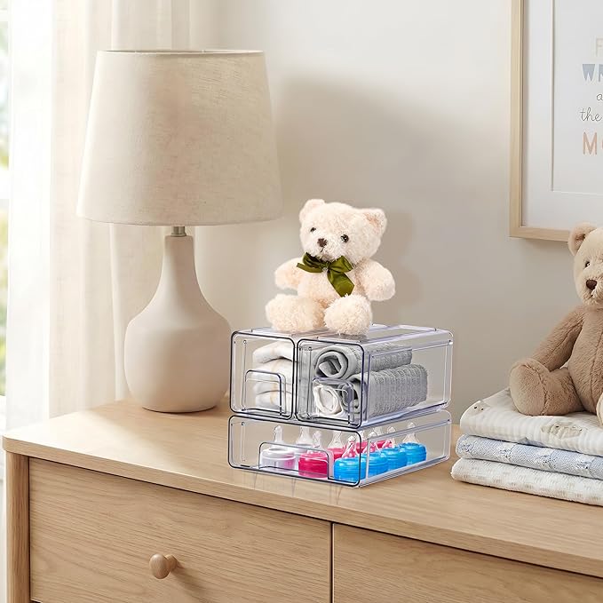 Sorbus 1 Medium & 2 Small Clear Stackable Storage Drawers, Plastic Organizer Bins with Handles, Pull-Out Drawers for Bathroom Closet, Medicine, Cabinet, Pantry Storage, Baby Bottle Organizer