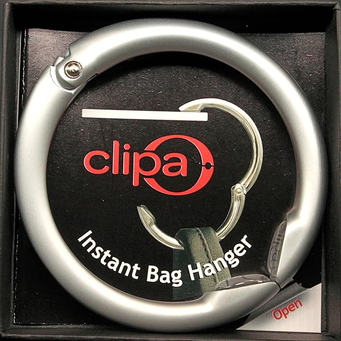 Clipa Bag Hanger - The Ring that Opens Into a Hook, Closes Automatically | Hangs Almost Anywhere in Just 1/2" of Space | Holds 33 lbs Yet Weighs Only 1.6 oz | 8 Styles | 3 yr Warranty