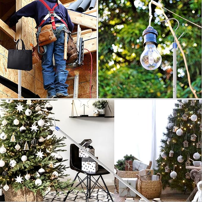 Clothes Hook Pole, Clothes Hanger Reaching Hook for Hanging Clothes Light and Plants Extendable from 29" to 74" Made of Stainless Steel Tube with Sponge Handle (with Two Hooks)