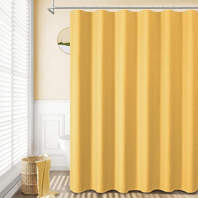 Dynamene Extra Long Shower Curtain - 84 Inch Long Waffle Weave Heavy Duty Fabric Bathroom Shower Curtain, Neutral Weighted Hotel Thick Bath Curtain Set with 12 Plastic Hooks,72x84, Gold