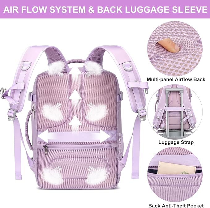 EZUOLA Travel Backpack for Women, 25L Carry On Backpack Airline Approved,Personal Item Travel Bag,Bookbag for College Essentials,Lightweight Work Back pack for Weekend Business,Gifts Purple