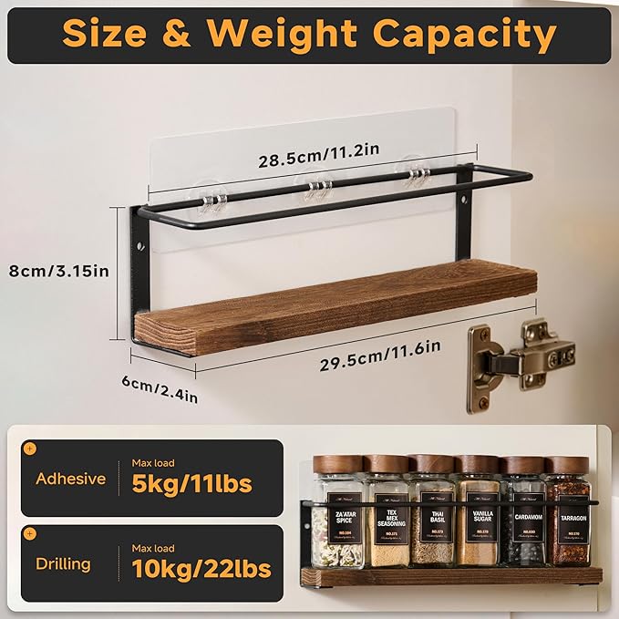 4-Tier Wall Mount Spice Rack Organizer- Screw/Adhesive Mount, Black Metal & Wood Spice Storage for Kitchen Pantry Cabinet, 11.6”L x 2.4”W x 3.2”H, Spice Jars Not Included