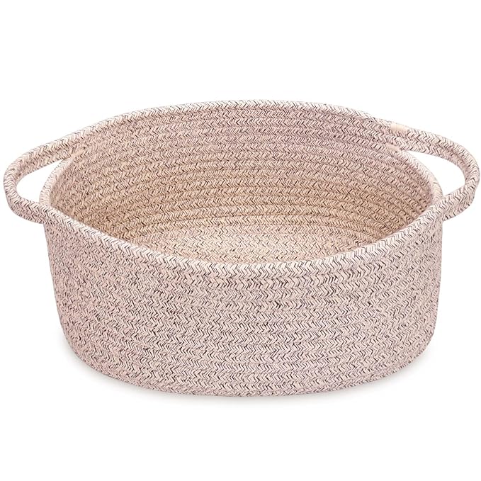 ABenkle Small Basket with Handles, Boho Decorative Rope Woven Dog Cat Toy Storage Bin Shelf Storage Organizer, Easter Christmas Gift Basket, 12"x8"x5"