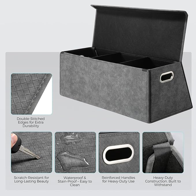 Fyzeoty Car Organizers and Storage - Trunk Organizer for Suv Car,Car Trunk Leather Storage Box,Extra Large,Magnetic Lid,Collapsible and Adjustable Trapezoidal - Grey