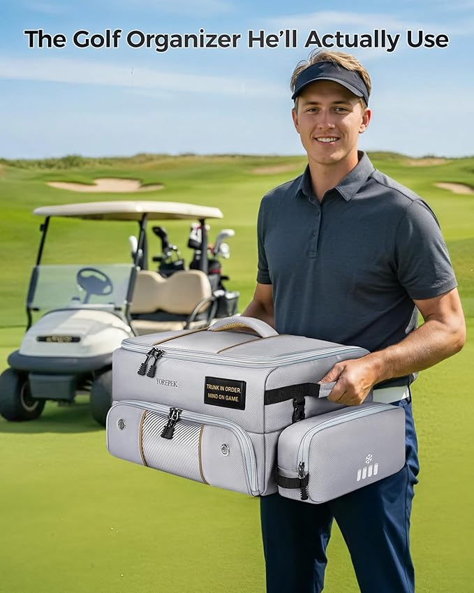 YOREPEK Upgraded Golf Trunk Organizer, Golf Gifts for Men, with Removable Insulated Pouch&Dust-Proof Protective Layer, Multi-Compartment fits 2 Pairs of Shoes, Golf Accessories