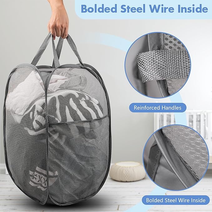 DUCOO Pop Up Laundry Hamper, 70L Collapsible Mesh Laundry Basket with Side Pocket, Foldable Dirty Clothes Hamper with Sturdy Reinforced Handles for Home Dorm Bedroom Travel Bathroom Storage, Gray