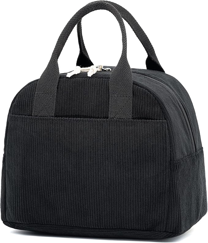 LOVELYWIND Insulated Black Lunch Bag for Men Women, Stylish Corduroy Tote with Aluminum Lining, Large Capacity Reusable Cooler for Work, Travel, Beach or Picnic, Soft Black Water-Resistant Lunch Box