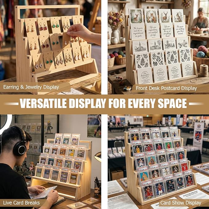 5 Tier Wooden Card Display Stand – Vertical Card Holder Display for Trading Cards, Game Cards, Sports Cards, Graded PSA/BGS/SGC, Baseball, Basketball&Football(Soccer) Card Stand, Desk & Shelf Organize,Natural